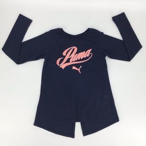 Puma Girl's Navy Split Back Logo Long Sleeve Tee L